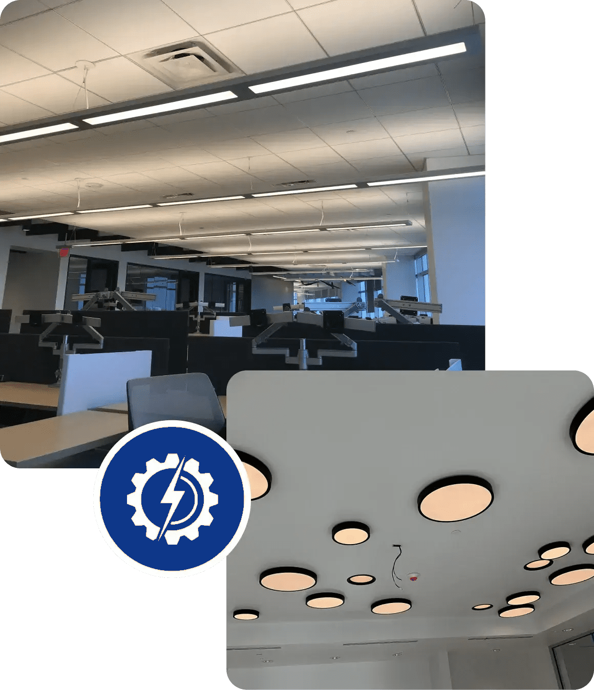 Modern office space with desks and ceiling lights.